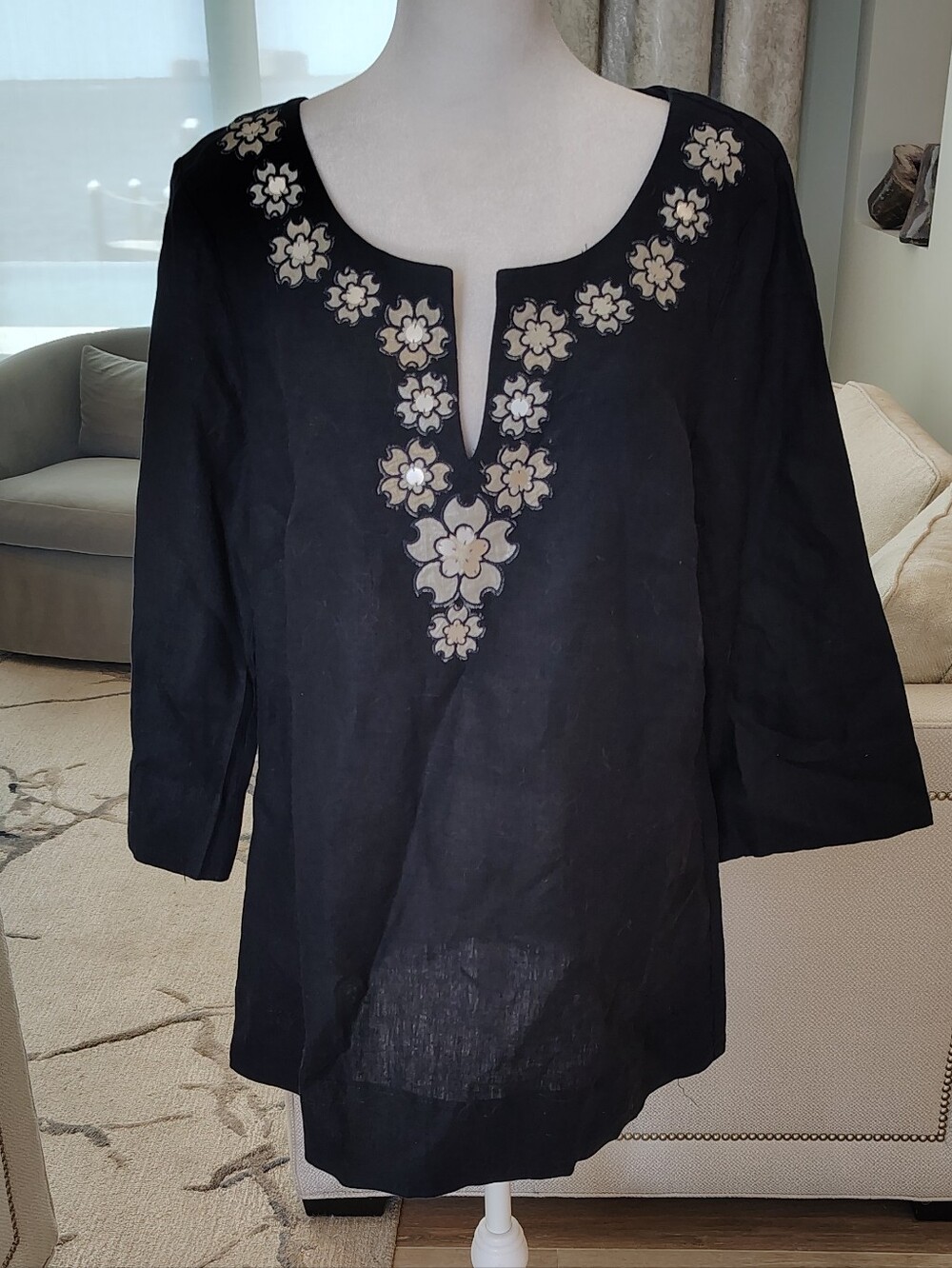 J. Crew Navy Linen Tunic with White Floral Embroidery